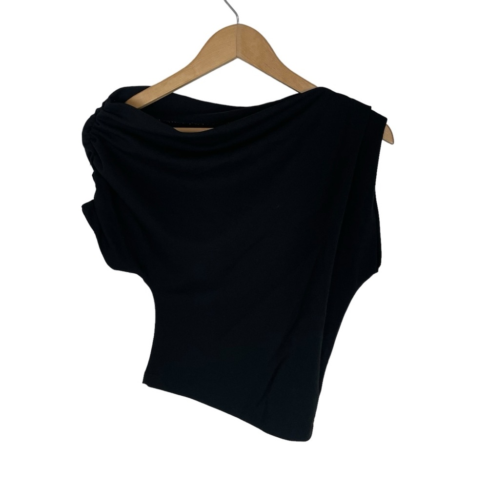 Zara Ruched‎ Asymmetric Sleeve Black Top Size XS